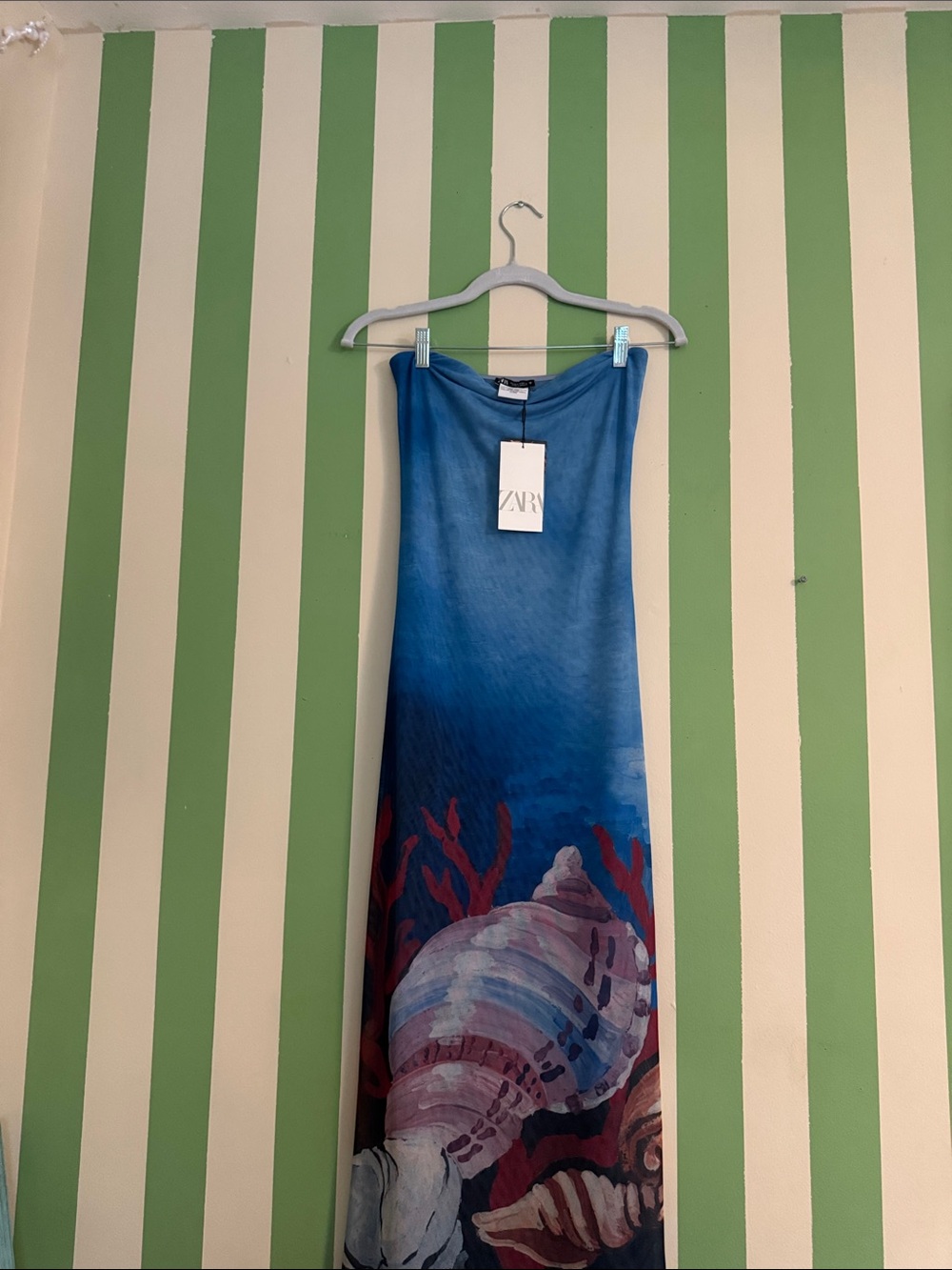 ZARA Blue Ombre Seashell Maxi Dress with Coral Accents